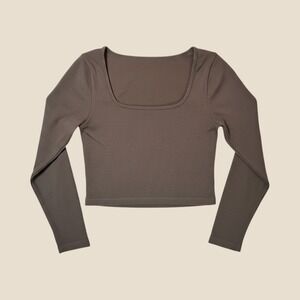 OQQ Women Brown Ribbed Long Sleeve Square Neck Seamless Crop Top Size L